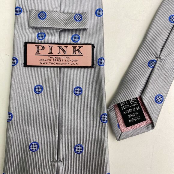 Thomas Pink Silk Tie Mens Gray Blue Polka Dot Classic Woven England Business - Picture 4 of 12